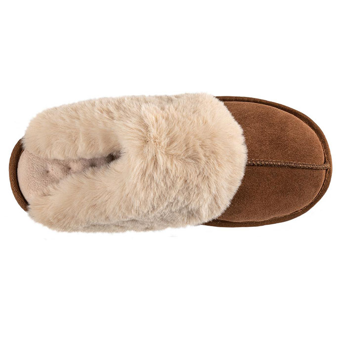 Isotoner Ladies Real Suede Mule with Fur Cuff Tan Extra Image 4